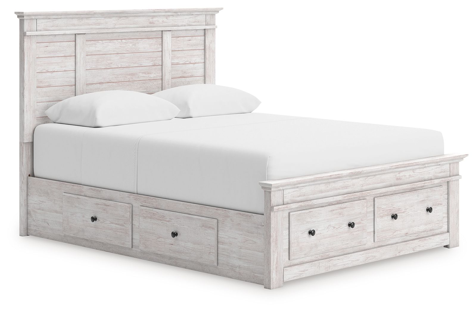 Fenderport - Queen Panel Storage Bed With 2 Under Bed Storage Units And Storage Footboard - Whitewash