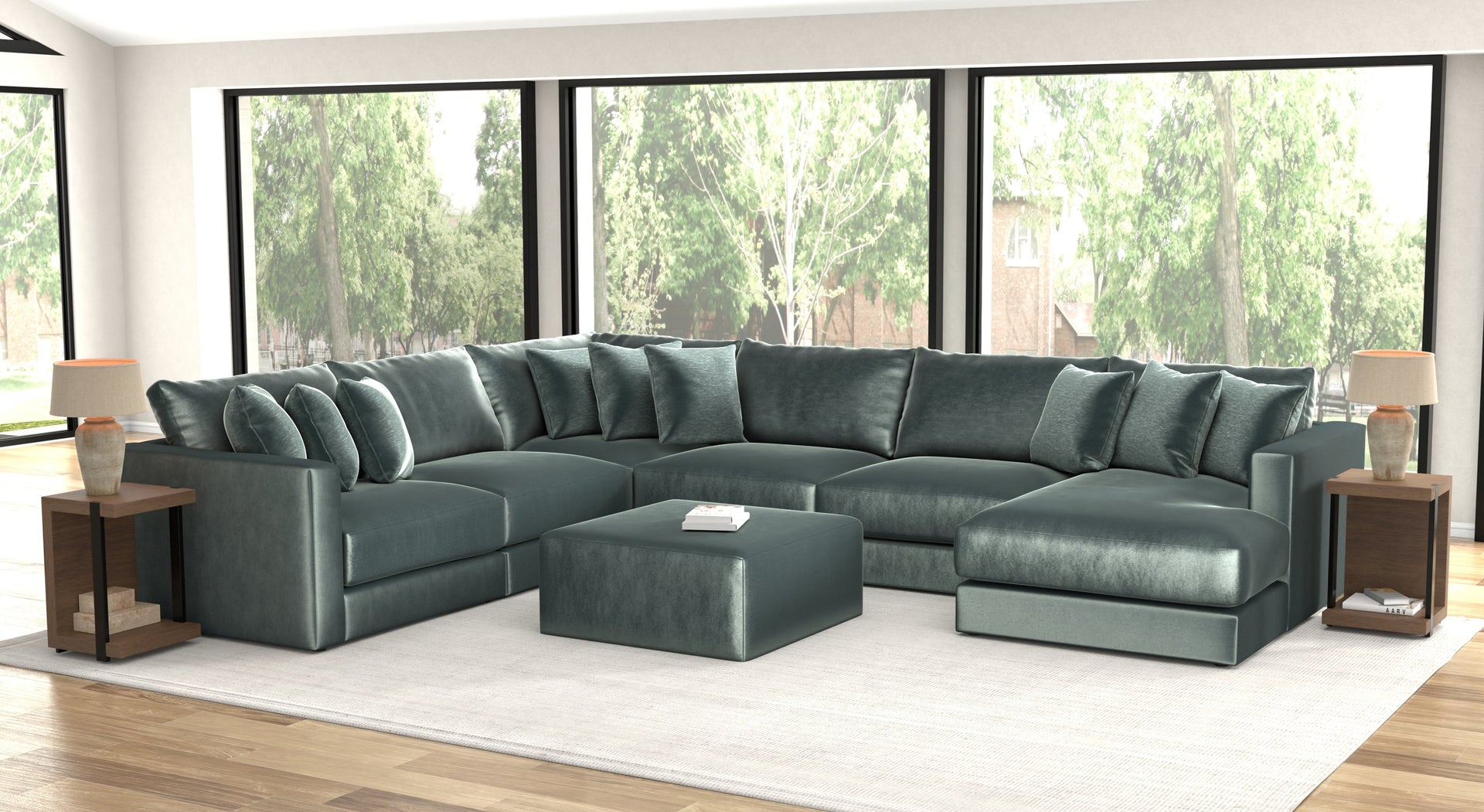 Remington Pine 6 Piece Right Side Facing Chaise Sectional + Ottoman