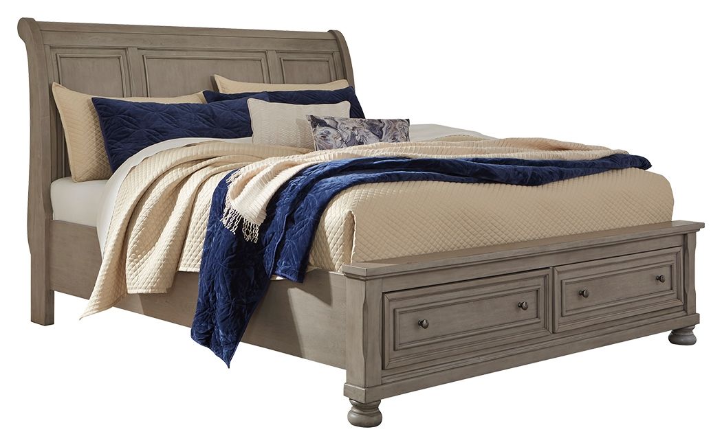 Lettner - Queen Sleigh Bed With 2 Storage Drawers - Light Gray