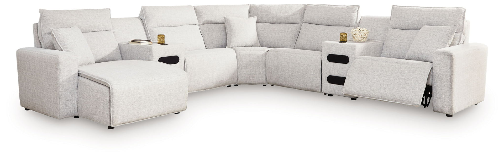 Modmax II - 7-Piece Power Reclining Sectional With LAF Press Back Power Chaise And Audio Consoles - Stone