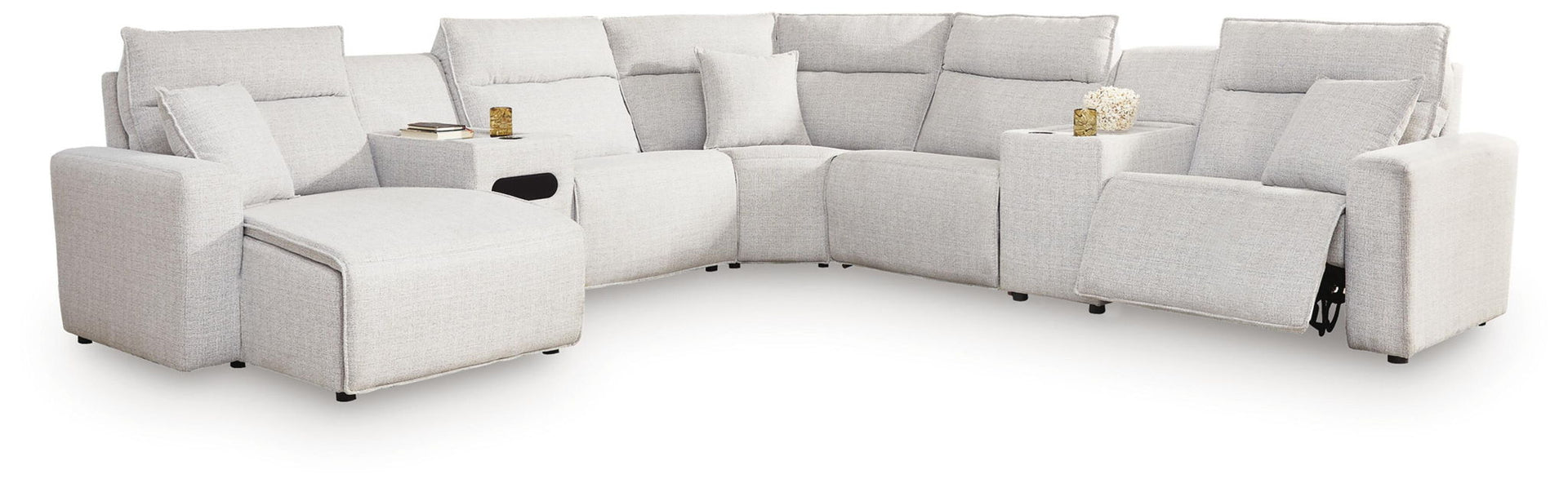 Modmax II - 7-Piece Power Reclining Sectional With LAF Press Back Power Chaise, Console And Audio Console - Stone
