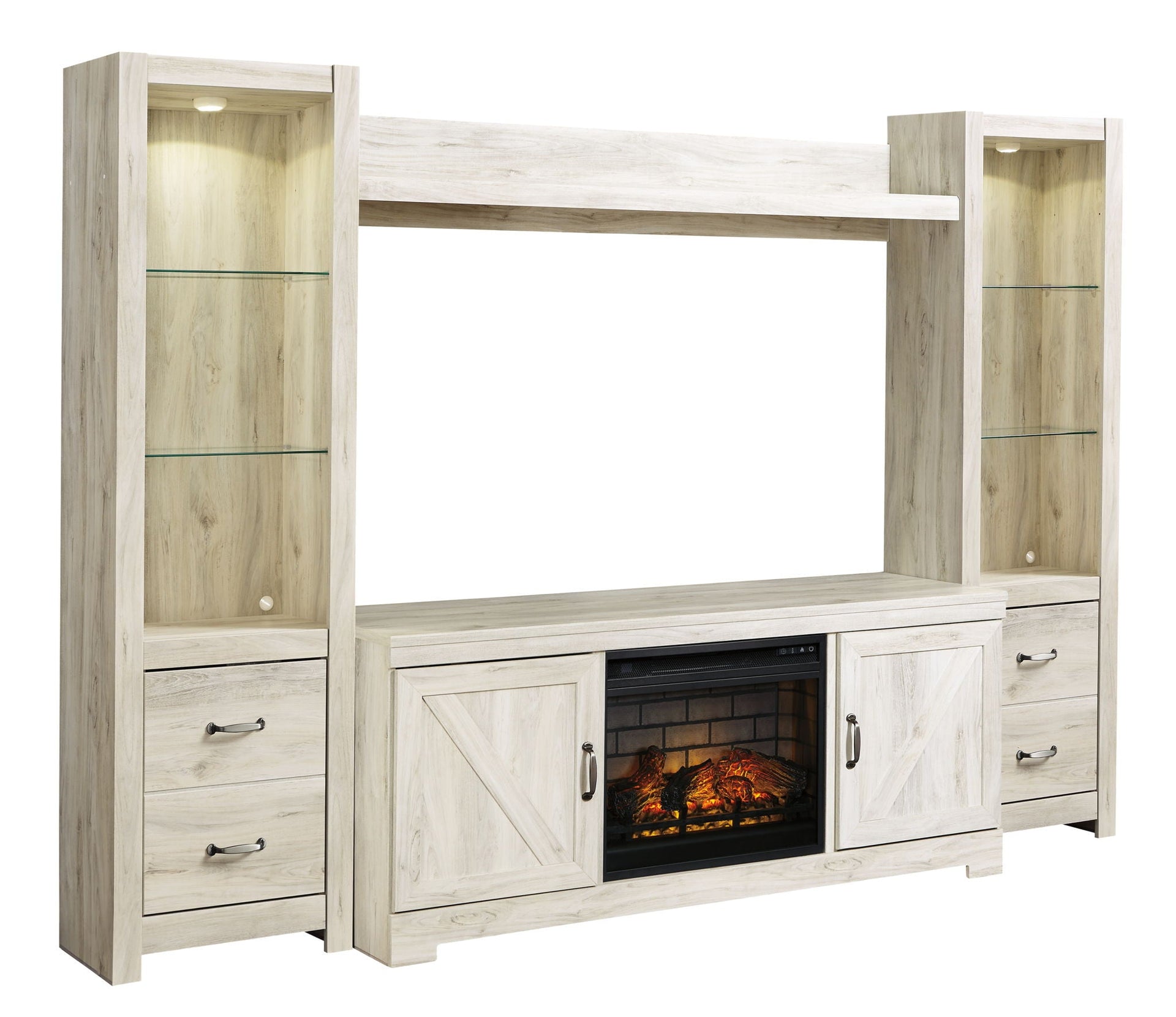 Bellaby - Entertainment Center - TV Stand With Faux Firebrick Fireplace Insert - Whitewash