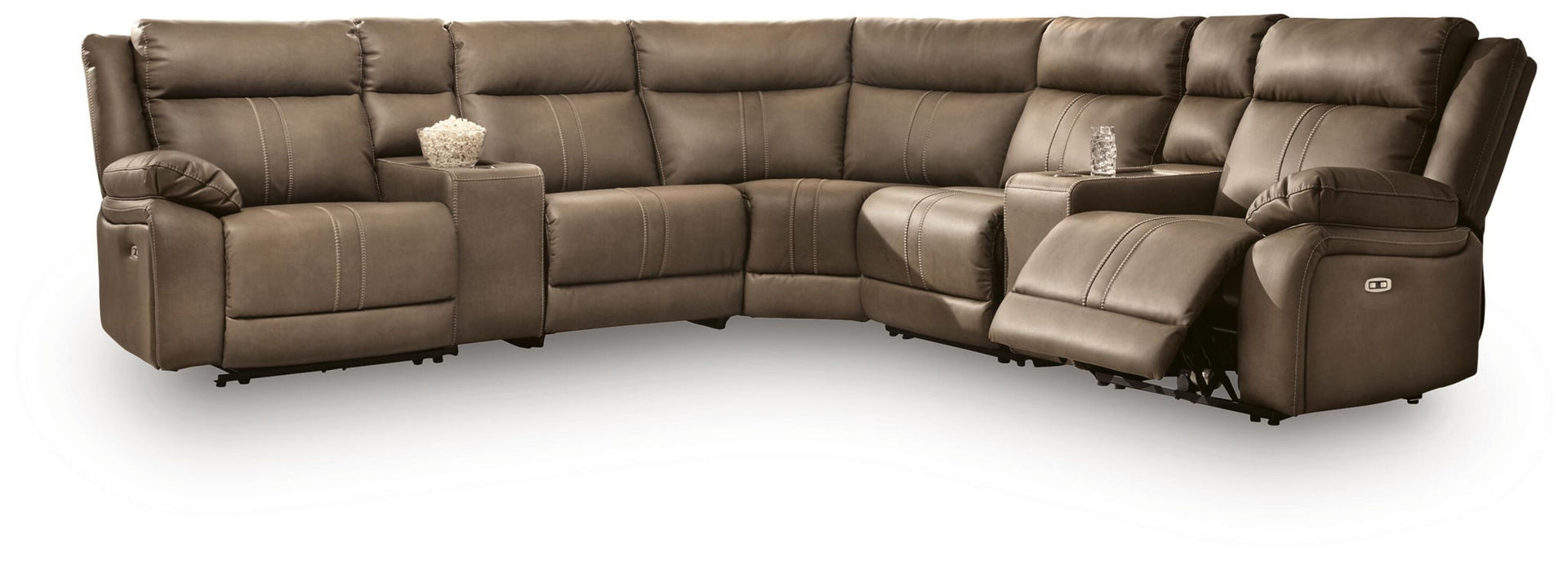 Max-Media - 7-Piece Power Reclining Sectional With 2 Audio Consoles - Biscotti