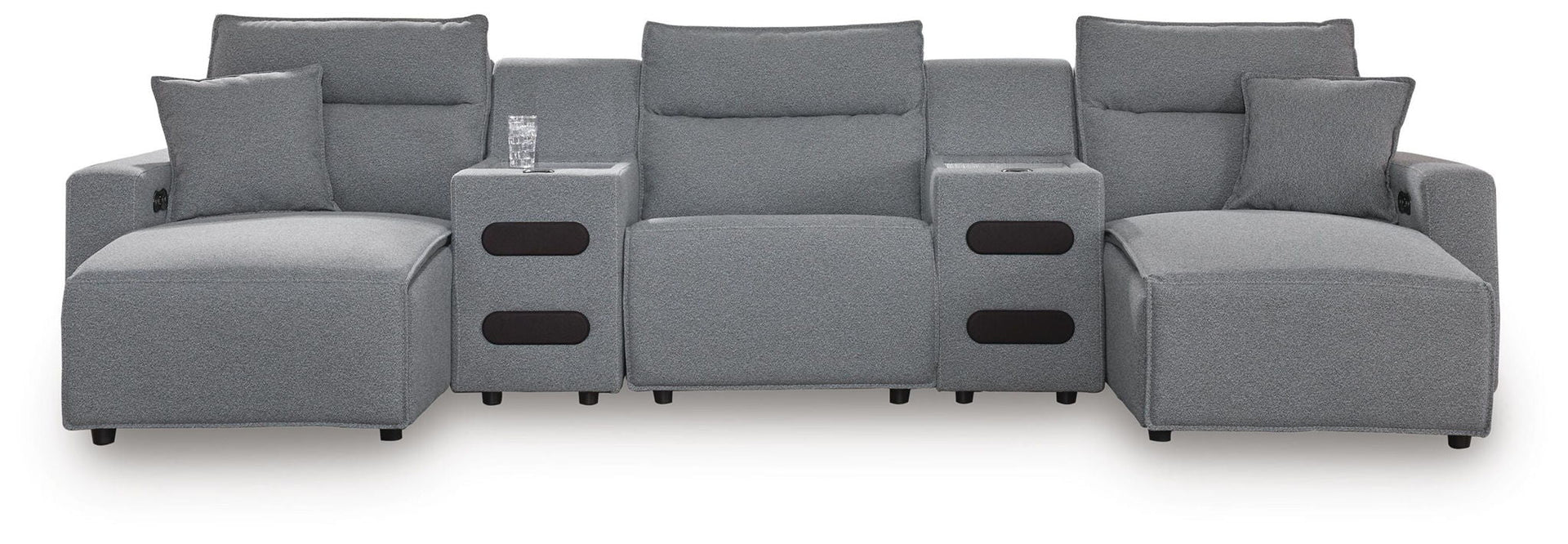 Modmax II - 5-Piece Power Reclining Sectional With Double Chaise, Power Armless Recliner And 2 Audio Consoles - Salt And Pepper