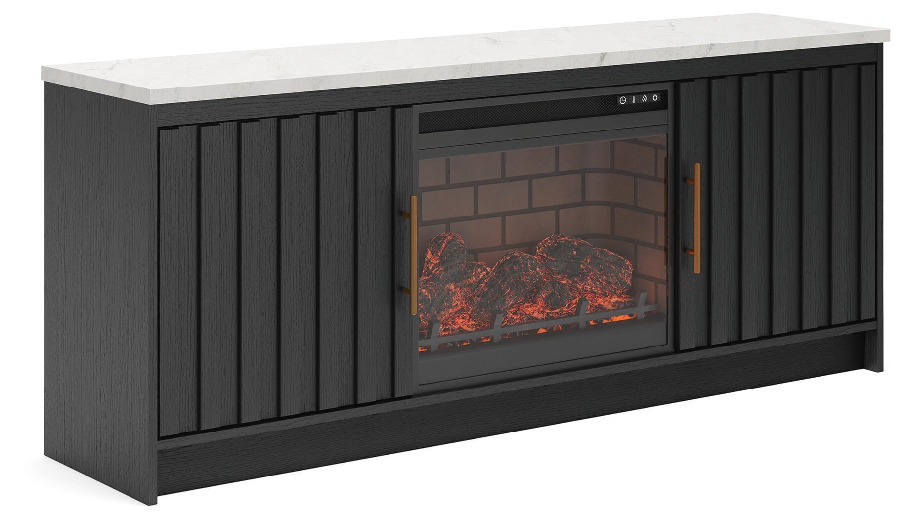 Cadmori - 63" TV Stand With Faux Firebrick Fireplace Insert - Black / White